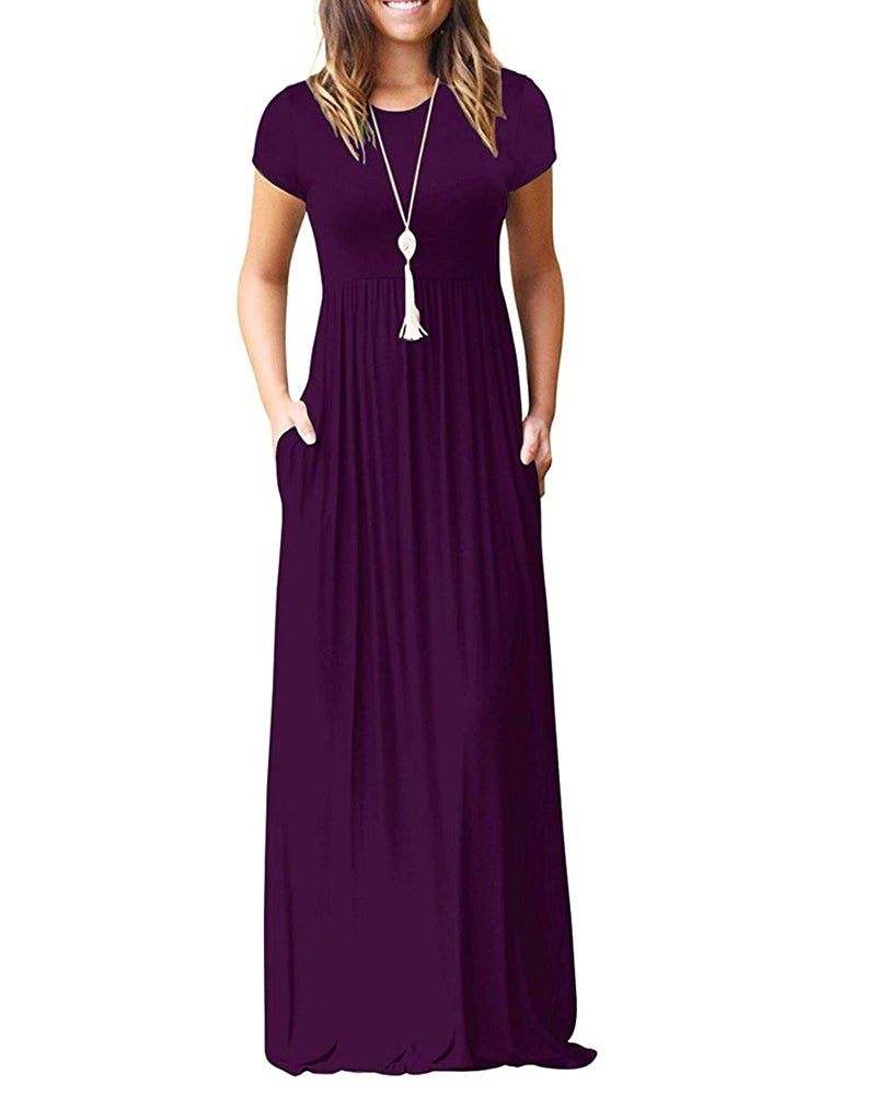 AUSELILY Women's Short Sleeve Loose Plain Casual Long Maxi Dresses for Women 2026 Purple S - Image 1